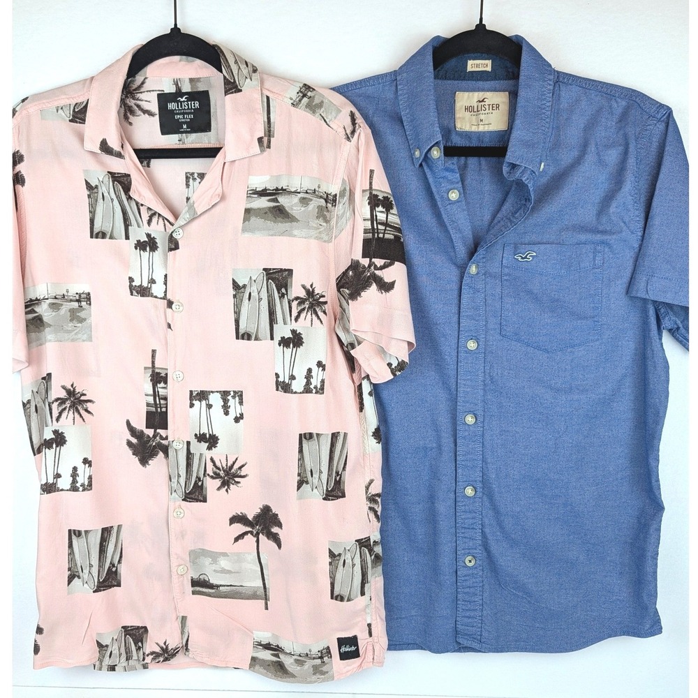 Hollister Mens Shirt Bundle Pink Surf Print Camp Shirt & Blue Stretch Oxford M